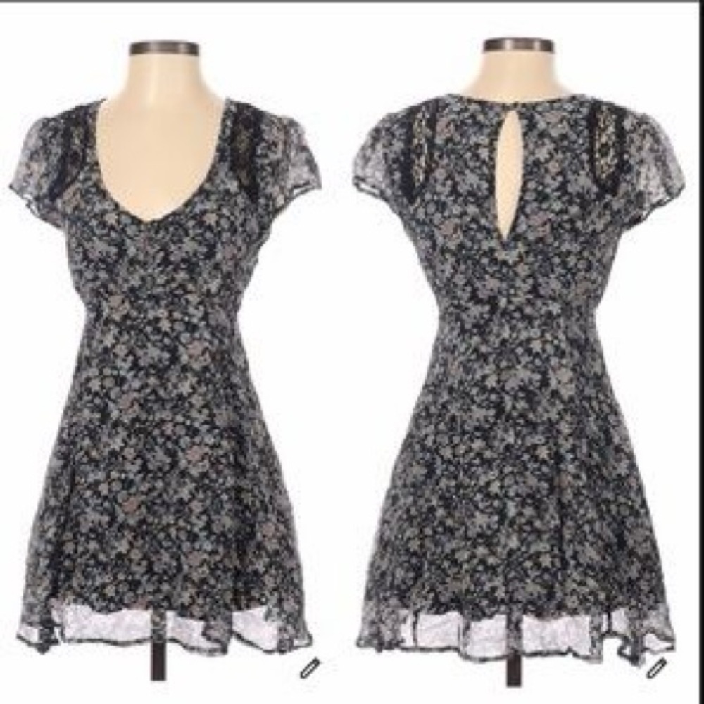 Winter Kate chiffon vintage silk Floral Short Sleeve V-Neck Dress - L EUC